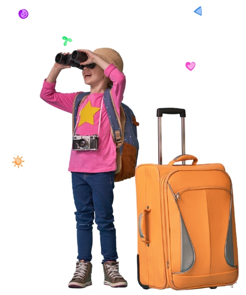 Expat kind met koffer en verrekijker, vol avontuur en klaar voor de nieuwe bestemming. Met de Engelse taaltrainingen van Bilingual World is dit kind goed voorbereid om de wereld te ontdekken.