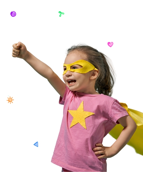 Afbeelding van een superheld met de tekst 'Superkids' die de kracht van privéles Engels aan huis symboliseert.